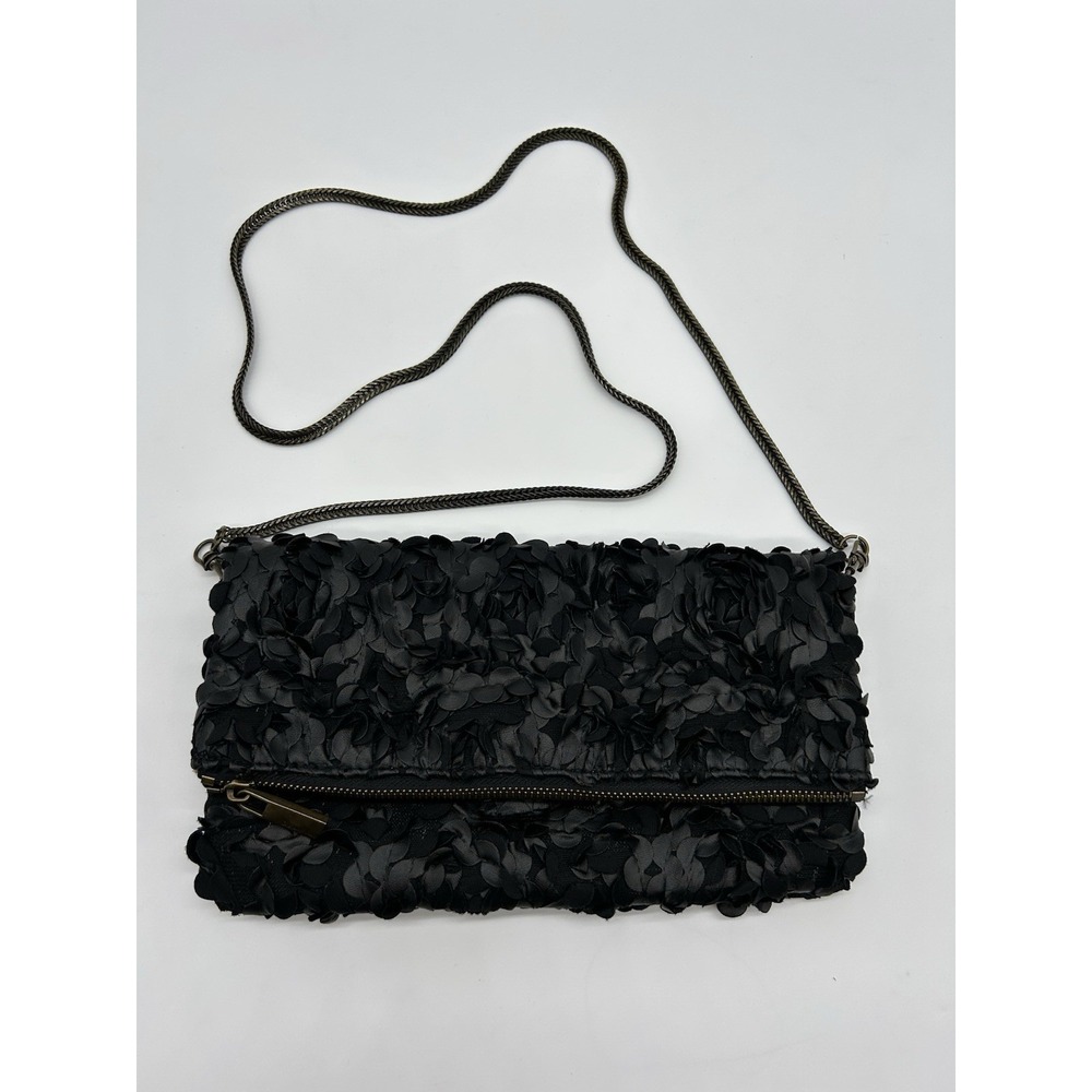 Deux Lux Black Textured Flat Floral Fold Over Crossbody Clutch Bag